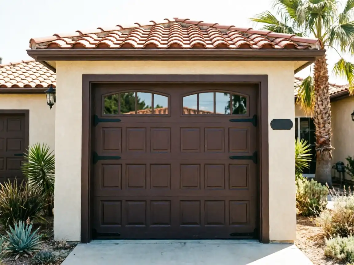 The brown garage door has windows and decorative hardware on a stucco house.