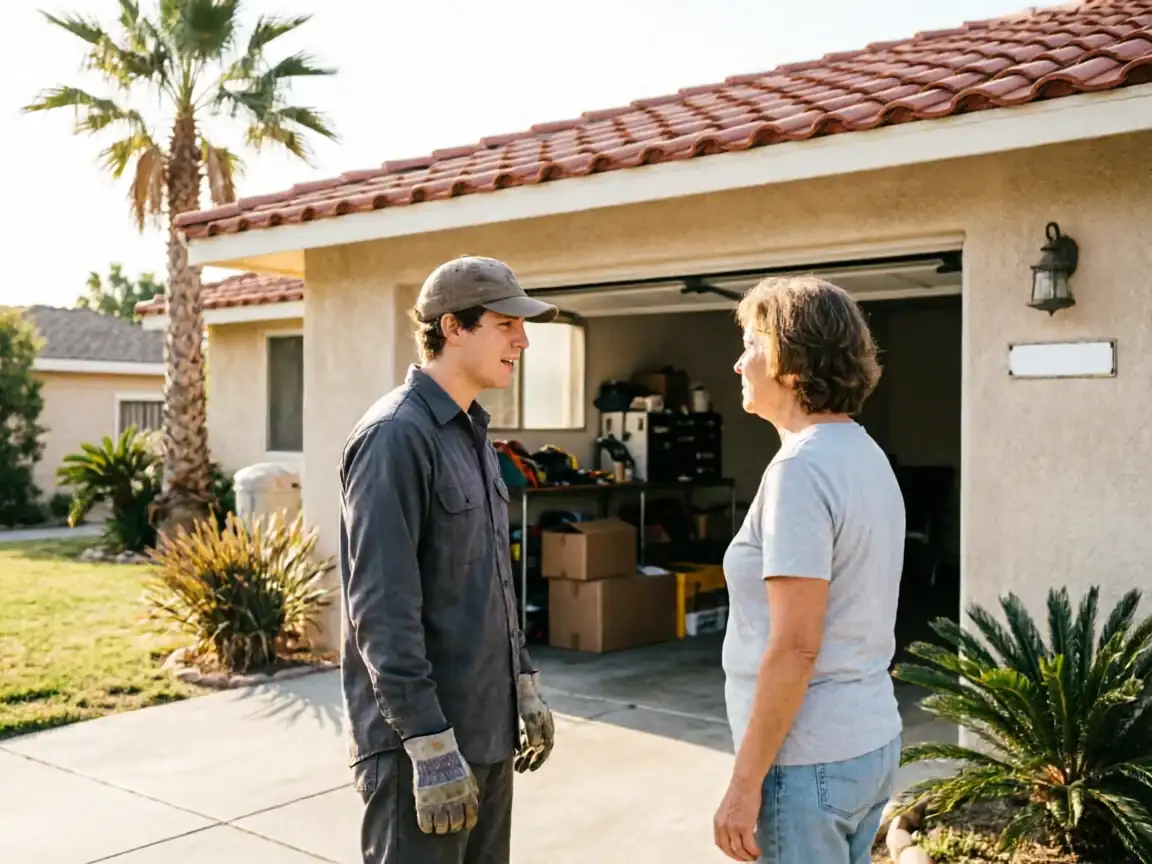 A technician in a cap and gloves talks to a woman in front of a house.