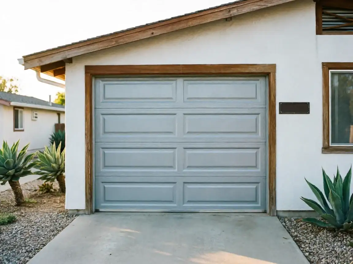 The house has a light gray garage door with a brown frame and white stucco walls.