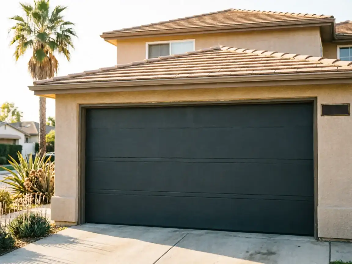 The house has a dark gray garage door and a palm tree in the background.