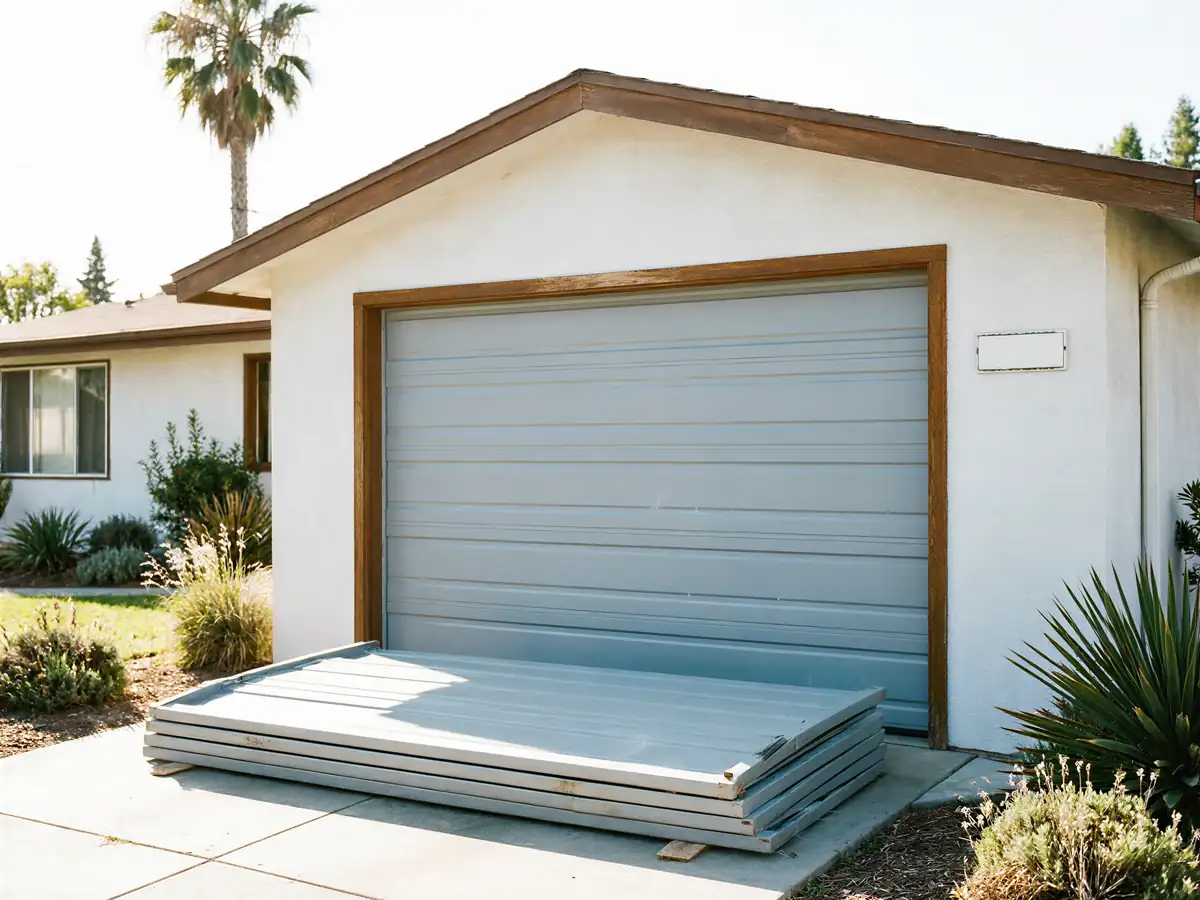A gray garage door is installed, and old gray garage door panels are stacked on the driveway.